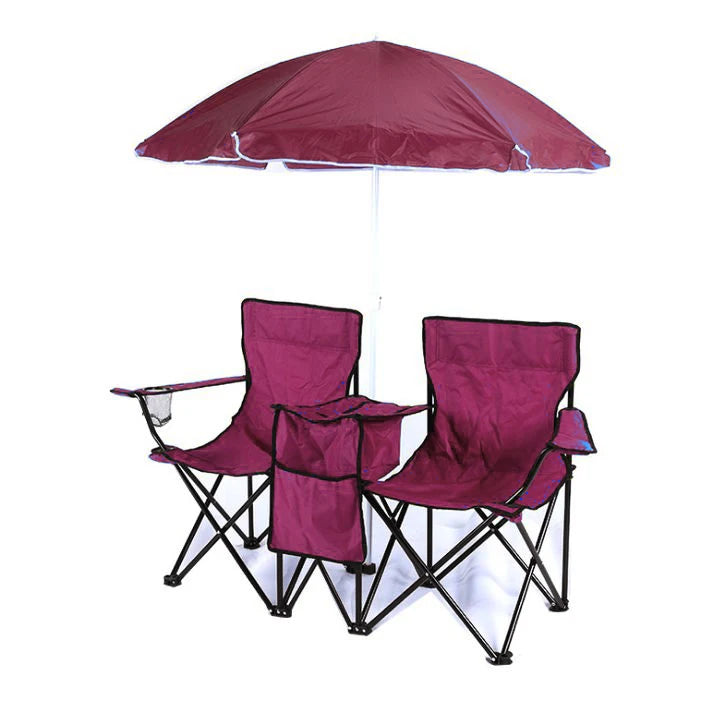 Wholesale Portable Double Seat Reclining Folding Beach Camp Chairs With Umbrella and Ice Bag
