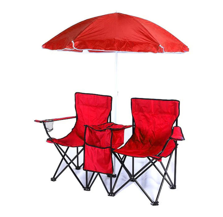 Wholesale Portable Double Seat Reclining Folding Beach Camp Chairs With Umbrella and Ice Bag